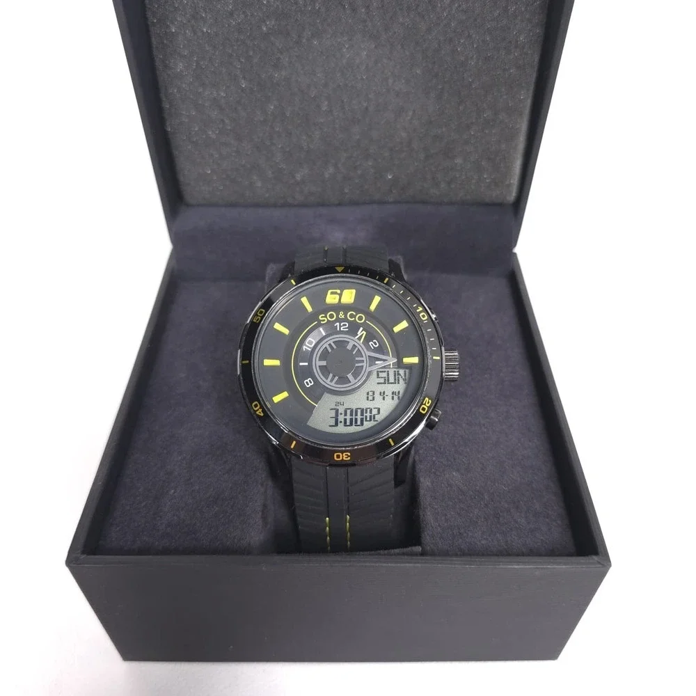 SO & CO NY New Mens Watch Analog Digital Black Yellow Sport 100M Water Resistant